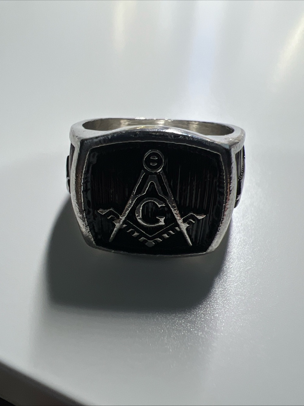 Men's Black Masonic Square & Compass Signet Ring Size 11